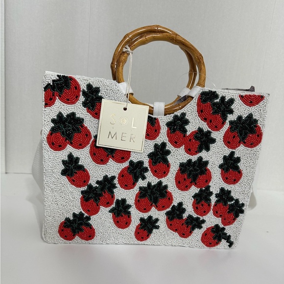 NWT Sol + Mer Strawberry Beaded Viral Purse Handbag w Bamboo Handles White Strap - Picture 15 of 15